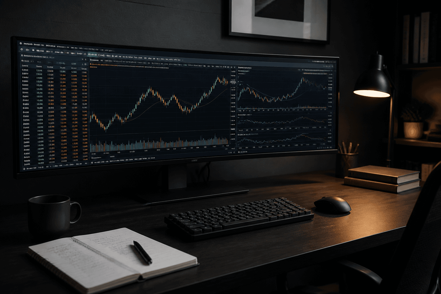 The research desk at night, with charts open